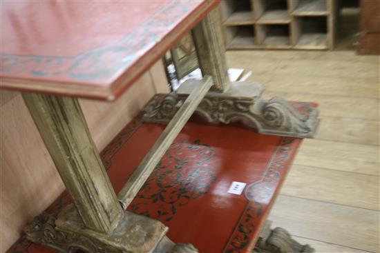 A pair of red lacquer top Italian style occasional tables, W.82cm